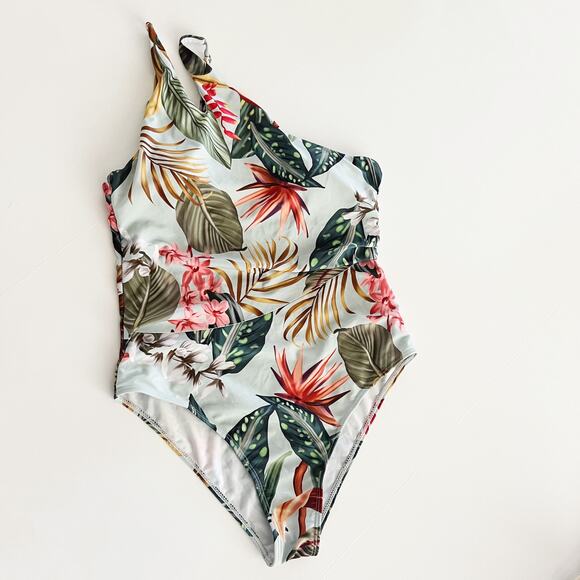 [MakeMeChic] Tropical Floral One Shoulder Asymmetrical One Piece Swimsuit Large - Picture 3 of 11
